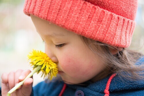 дитина нюхає квітку кульбаби