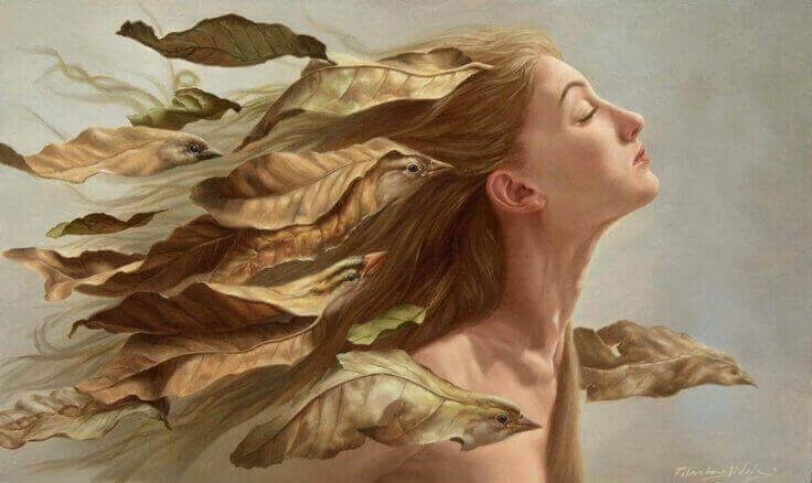 малюнок дівчини з пташками у волоссі