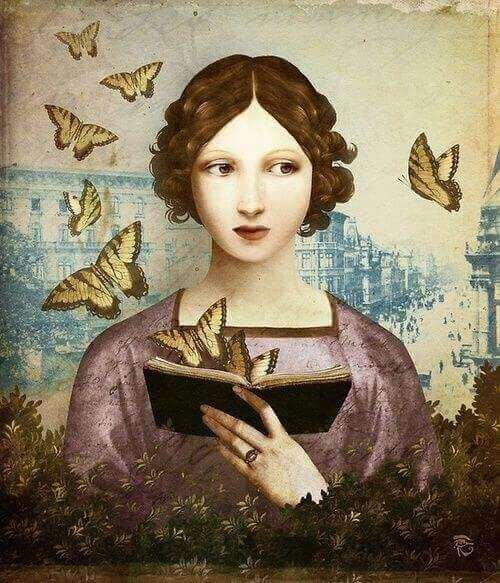 жінка читає книжку, а навколо неї літають метелики